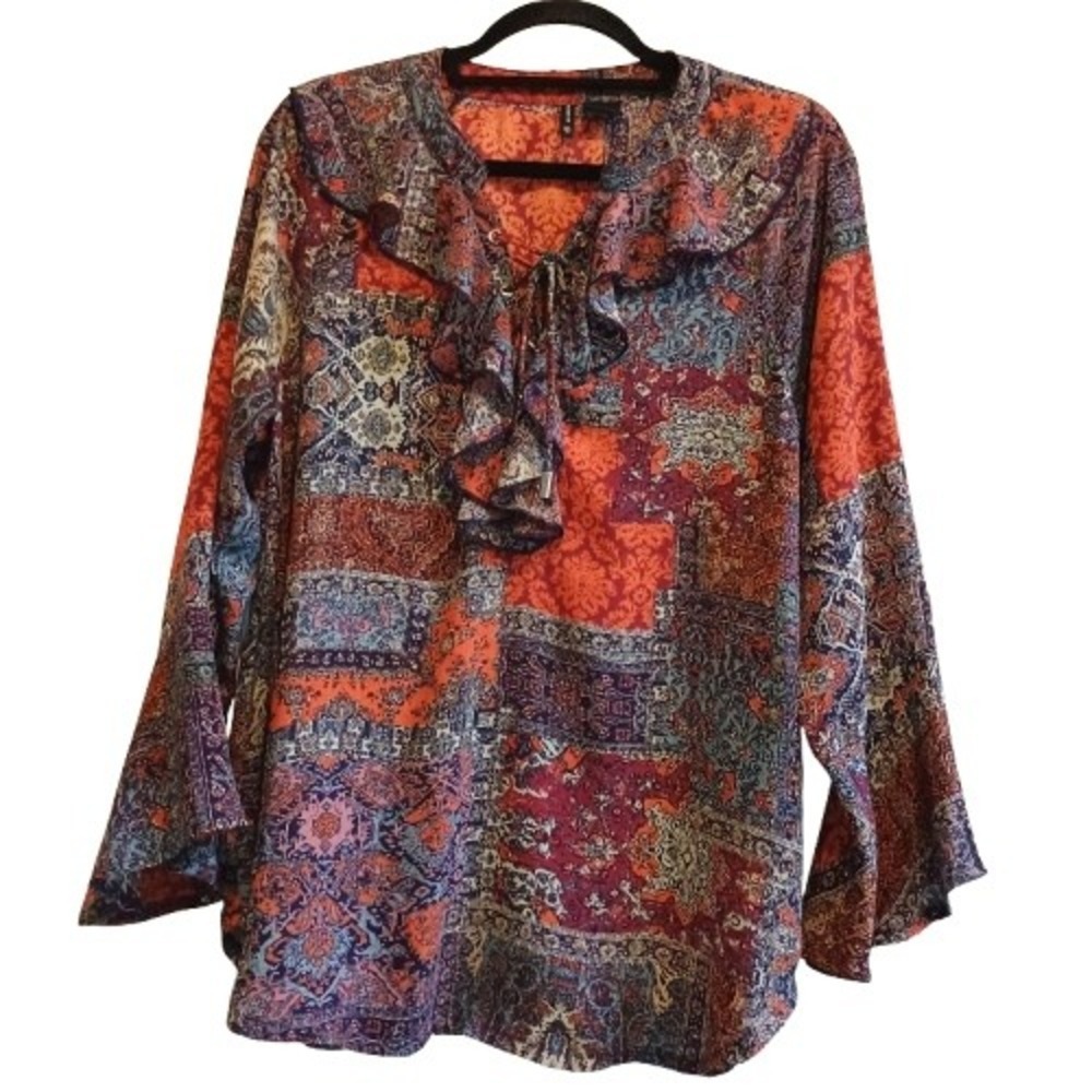 New Directions L Orange Print‎ Blouse Ruffle Neck Bell Sleeve Boho Bohemian Top